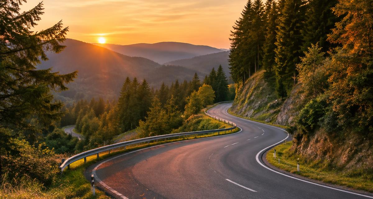 Winding road through the Black Forest at sunrise