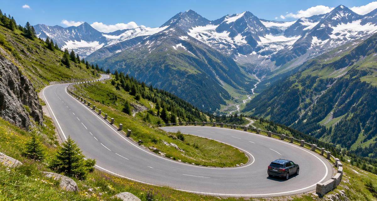 Hairpin bend on an Alpine mountain pass beneath snowy peaks