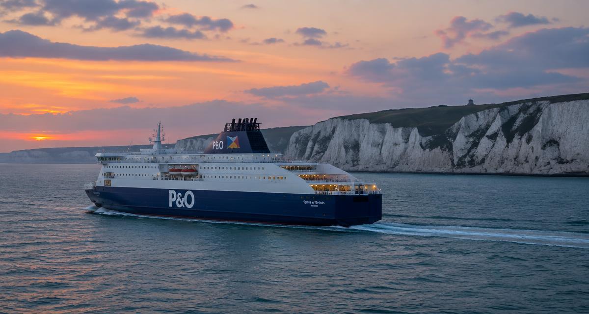 Car ferry sailing past white chalk cliffs at dusk