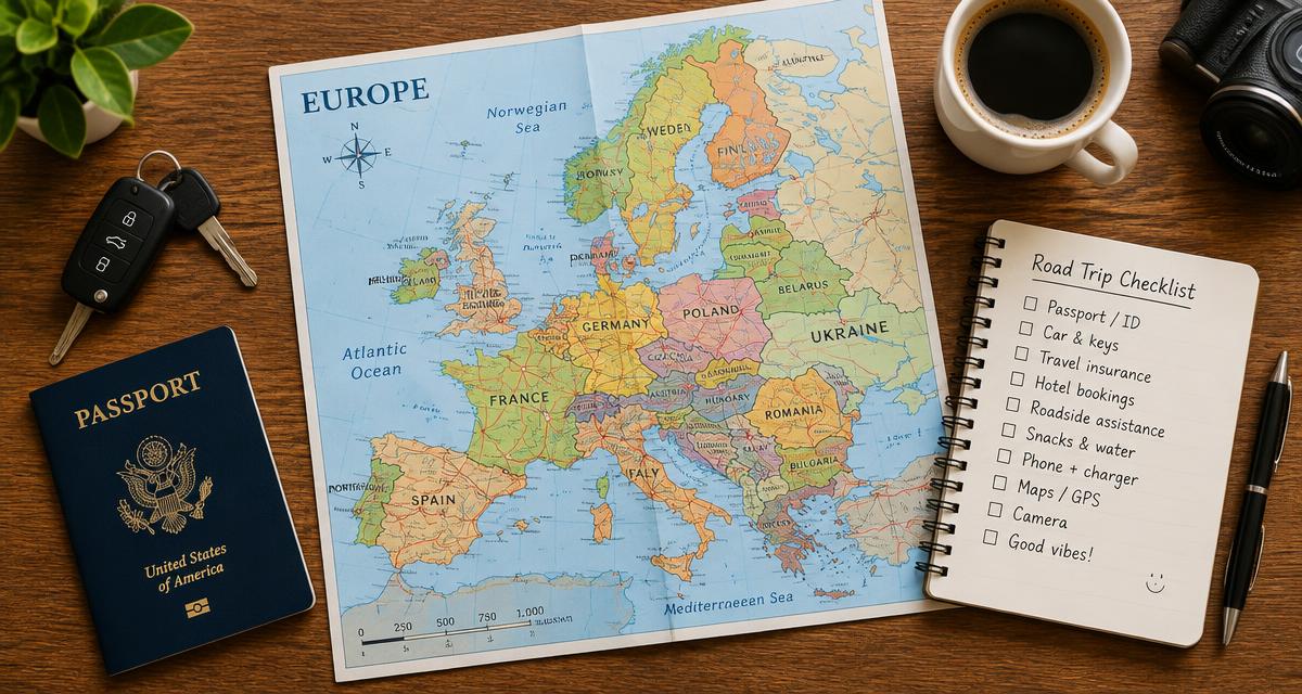 Map of Europe, car keys, passport and a road trip checklist on a table