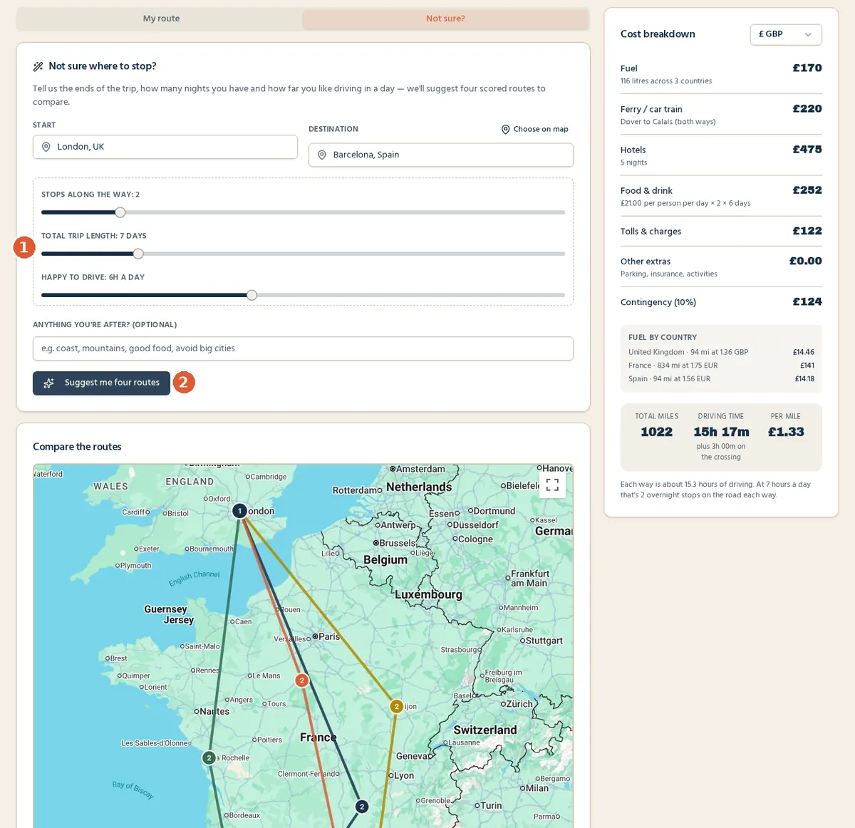 Not sure tab with sliders for stops, trip length and daily driving, and a map comparing four suggested London to Barcelona routes in different colours
