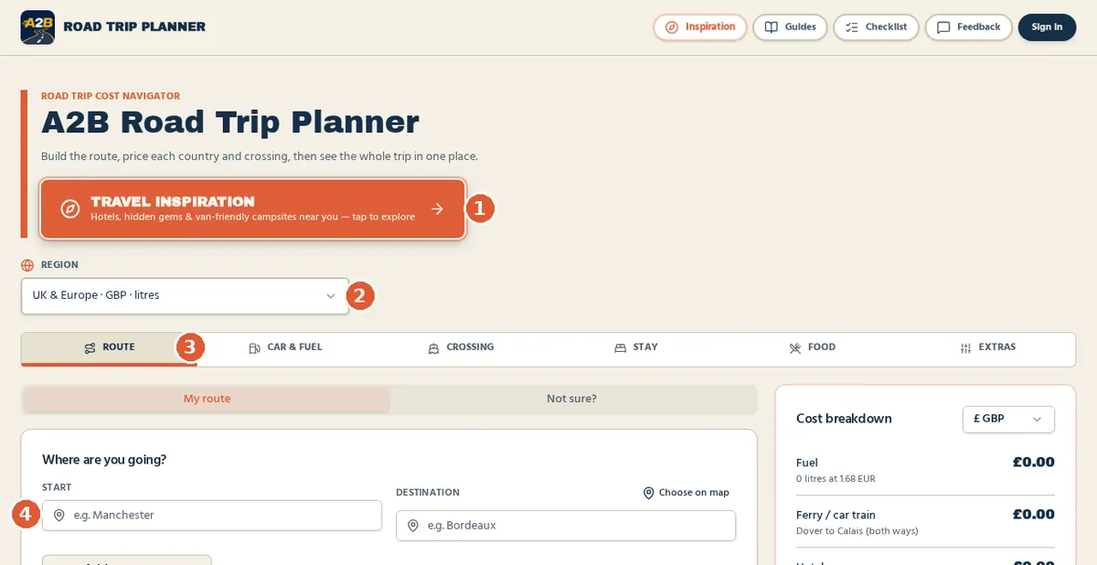 A2B planner home screen with numbered markers on the Travel inspiration button, the region selector, the planning tabs and the start field