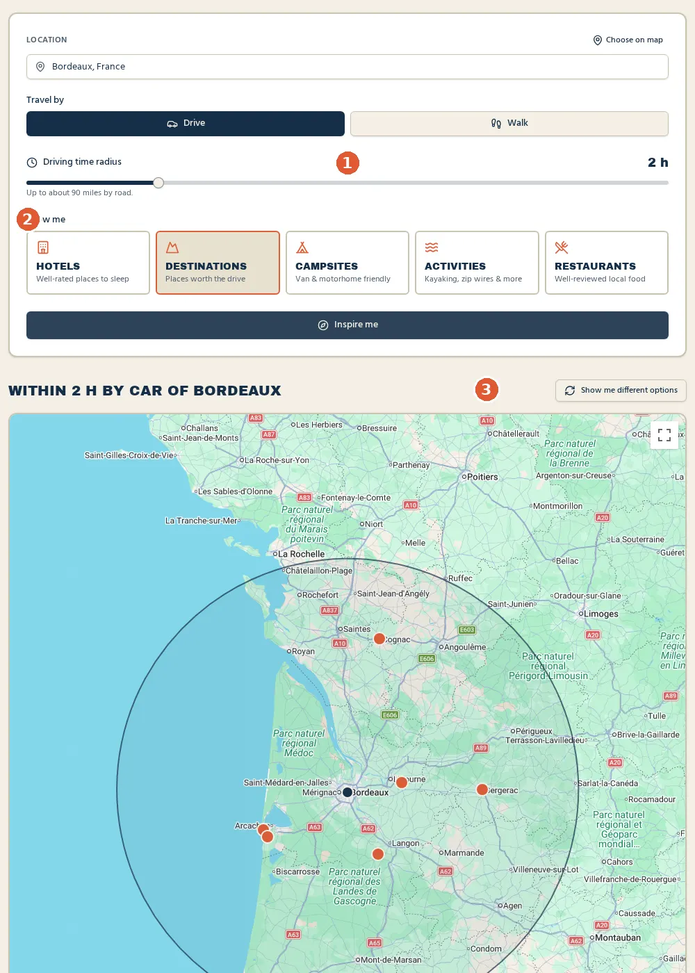 Travel inspiration page for Bordeaux with a two-hour driving radius, Destinations selected, and suggested places pinned on a map inside a radius circle