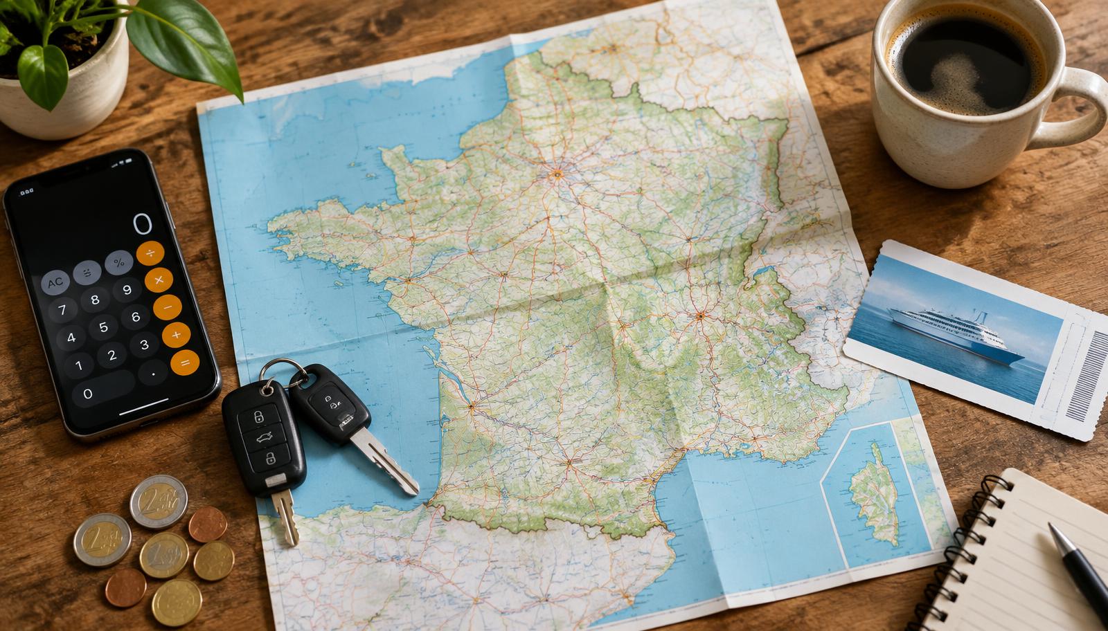 Road map, car keys, phone calculator and coffee laid out for planning a road trip budget