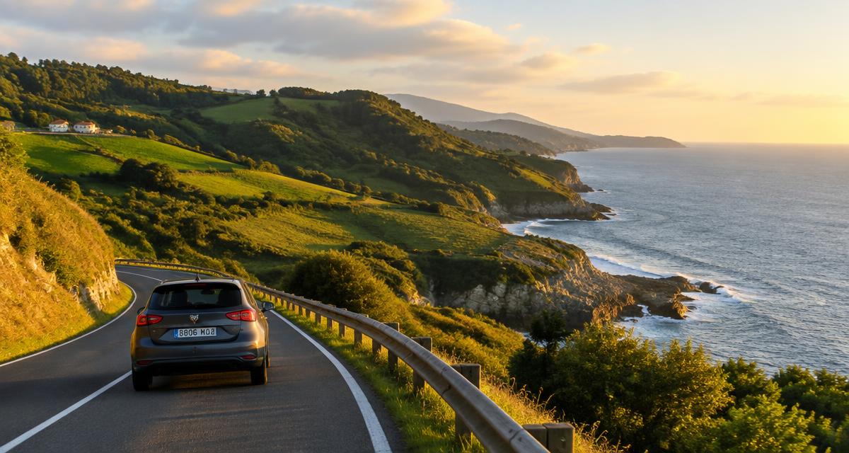Car driving along a coastal road in northern Spain at sunset